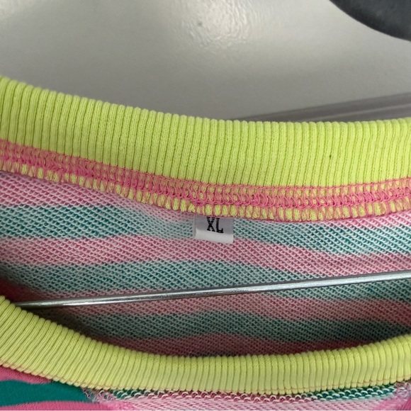Women’s Striped Crewneck Sweater in Teal & Pink with Lime Trim - Picture 4 of 4